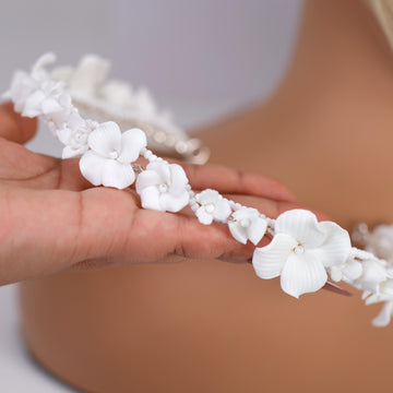 Faux Pearl Porcelain/Ceramic White Flower Floral Serenade Pearl Bridal Headband, Bridal Hair Vine, Delicate Headband, Hair accessories.